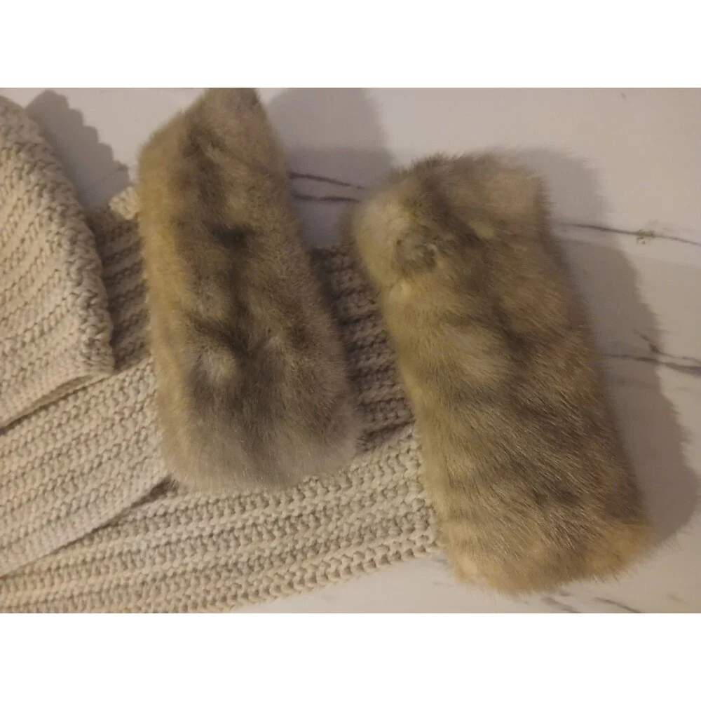 Handmade Cozy Chic Beige Long Scarf Fur Trim 92inch - Picture 4 of 6